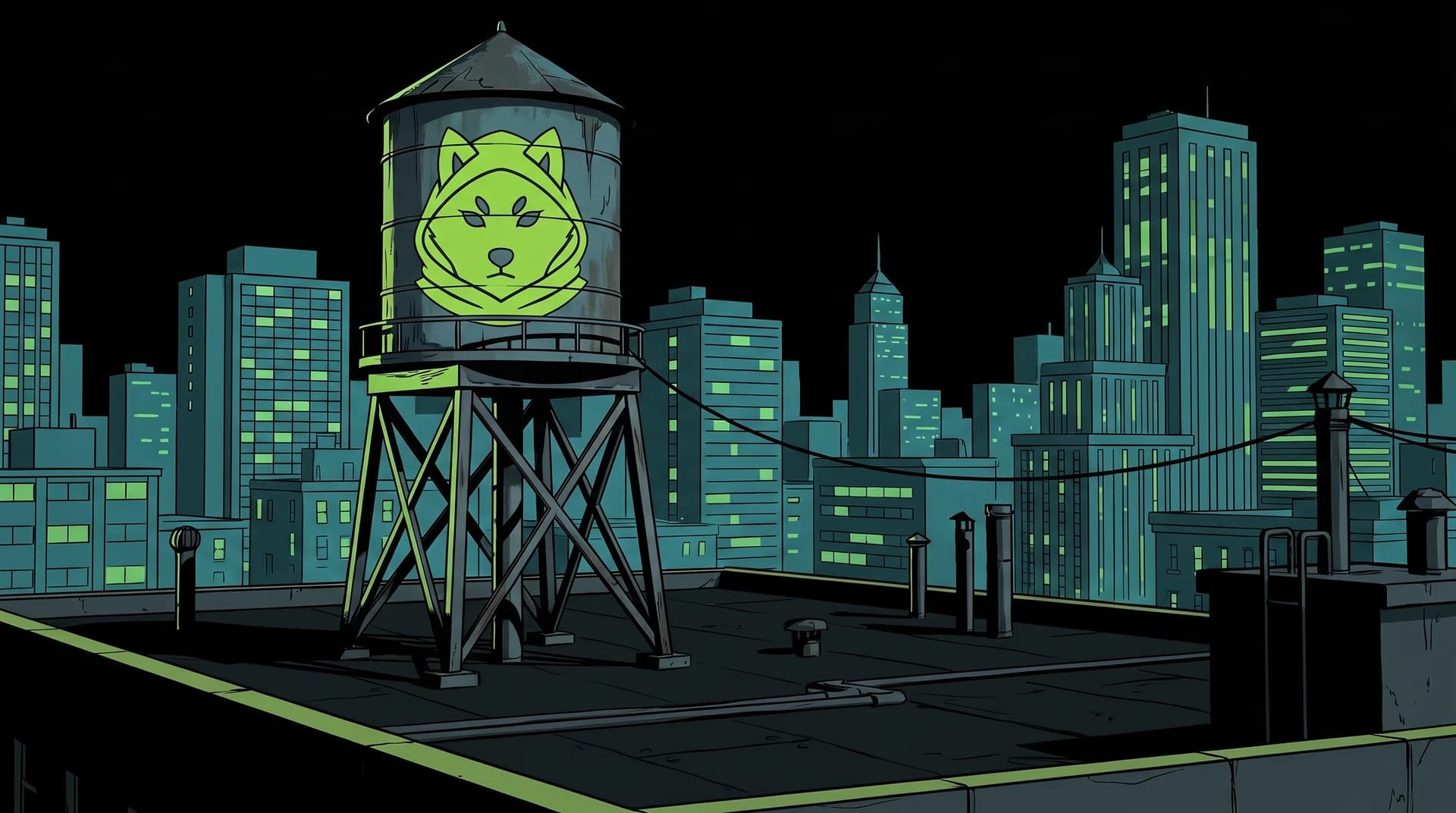 The Keeper mark stencilled on a rooftop water tower